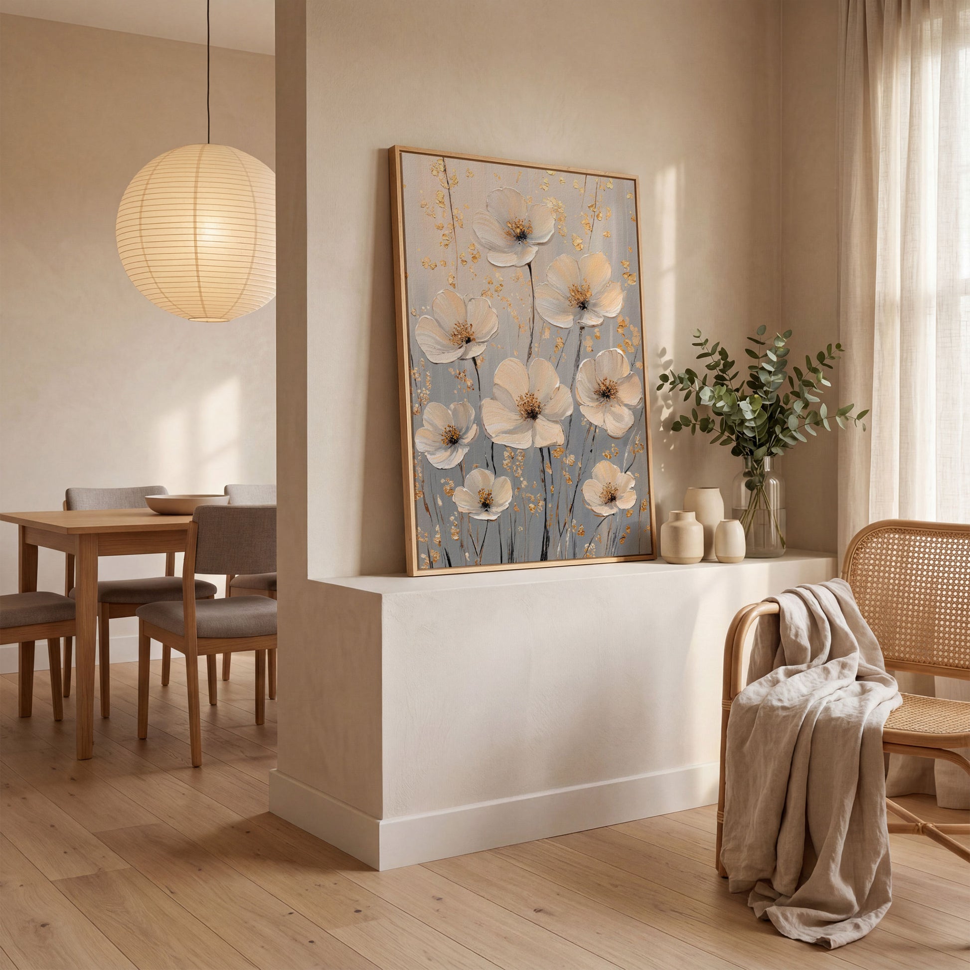 Large Floral Canvas Art with Gold Accents, Cream and Gray Tones in white oak floating frame