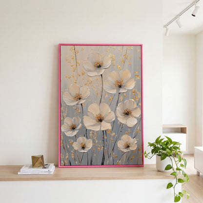Large Floral Canvas Art with Gold Accents, Cream and Gray Tones in pink floating frame