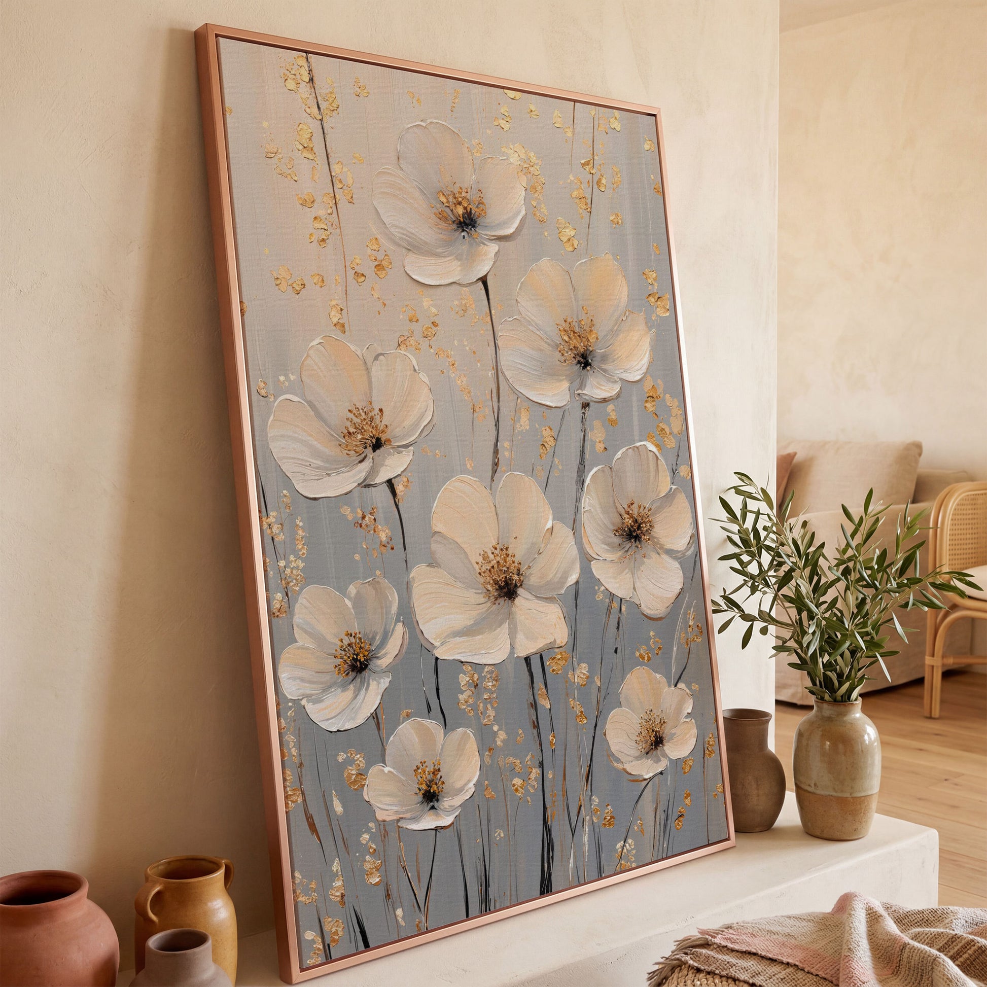 Large Floral Canvas Art with Gold Accents, Cream and Gray Tones in rose gold floating frame