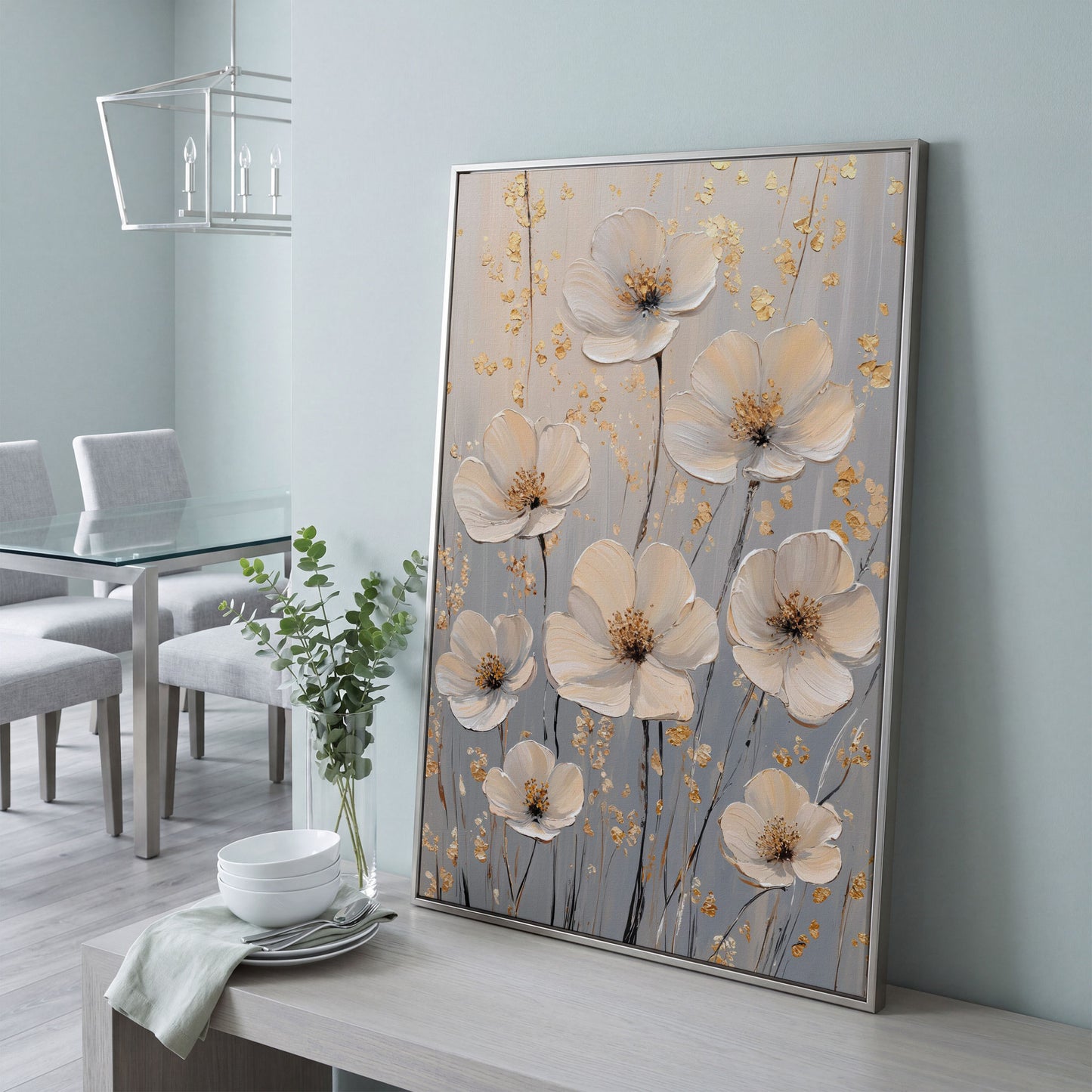 Large Floral Canvas Art with Gold Accents, Cream and Gray Tones in silver floating frame