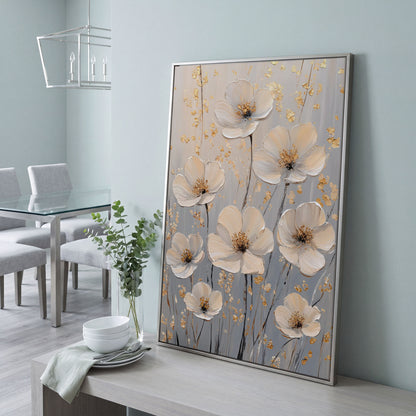 Large Floral Canvas Art with Gold Accents, Cream and Gray Tones in silver floating frame