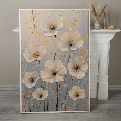 Large Floral Canvas Art with Gold Accents, Cream and Gray Tones in white floating frame