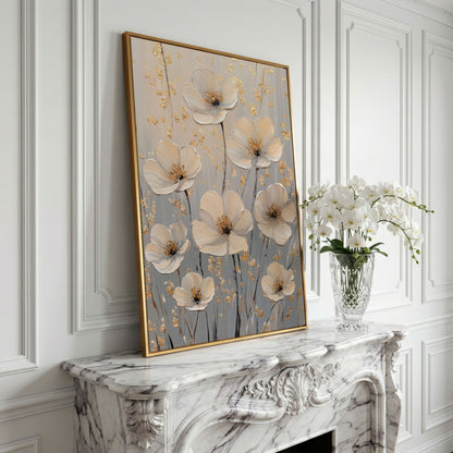 Large Floral Canvas Art with Gold Accents, Cream and Gray Tones in yellow gold floating frame