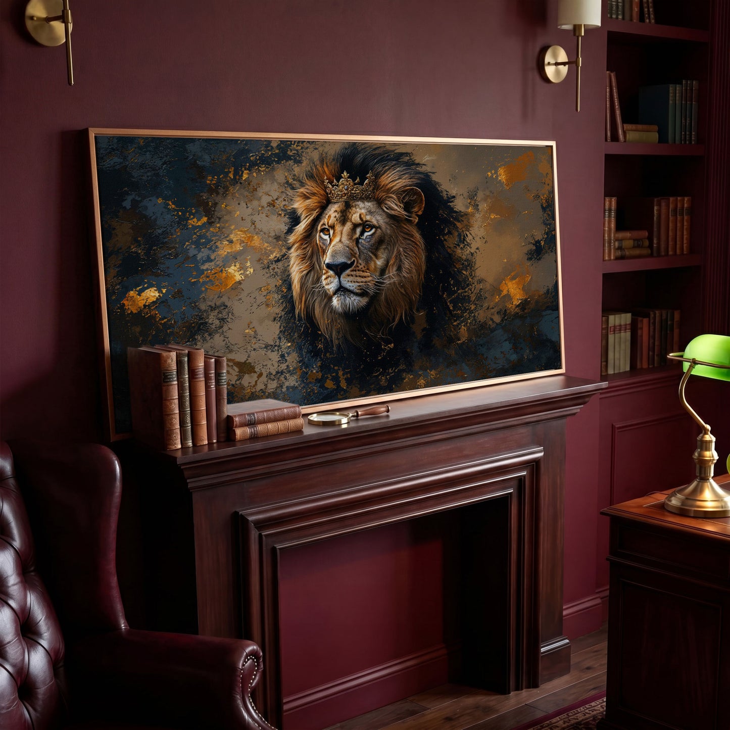 Lion with Ornate Crown Canvas in antique gold floating frame