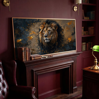 Lion with Ornate Crown Canvas in antique gold floating frame