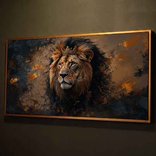 Lion with Ornate Crown Canvas shown in antique gold floating frame