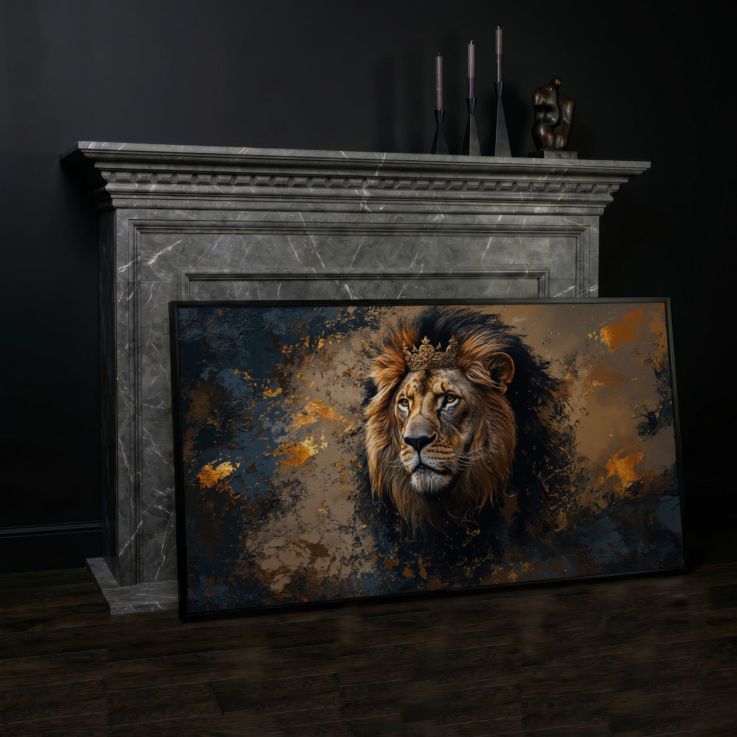 Lion with Ornate Crown Canvas in black floating frame