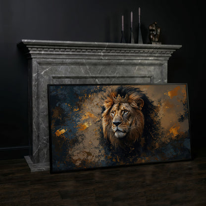 Lion with Ornate Crown Canvas in black floating frame