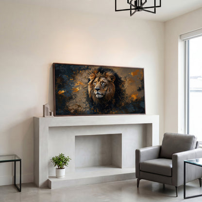 Lion with Ornate Crown Canvas in dark walnut floating frame