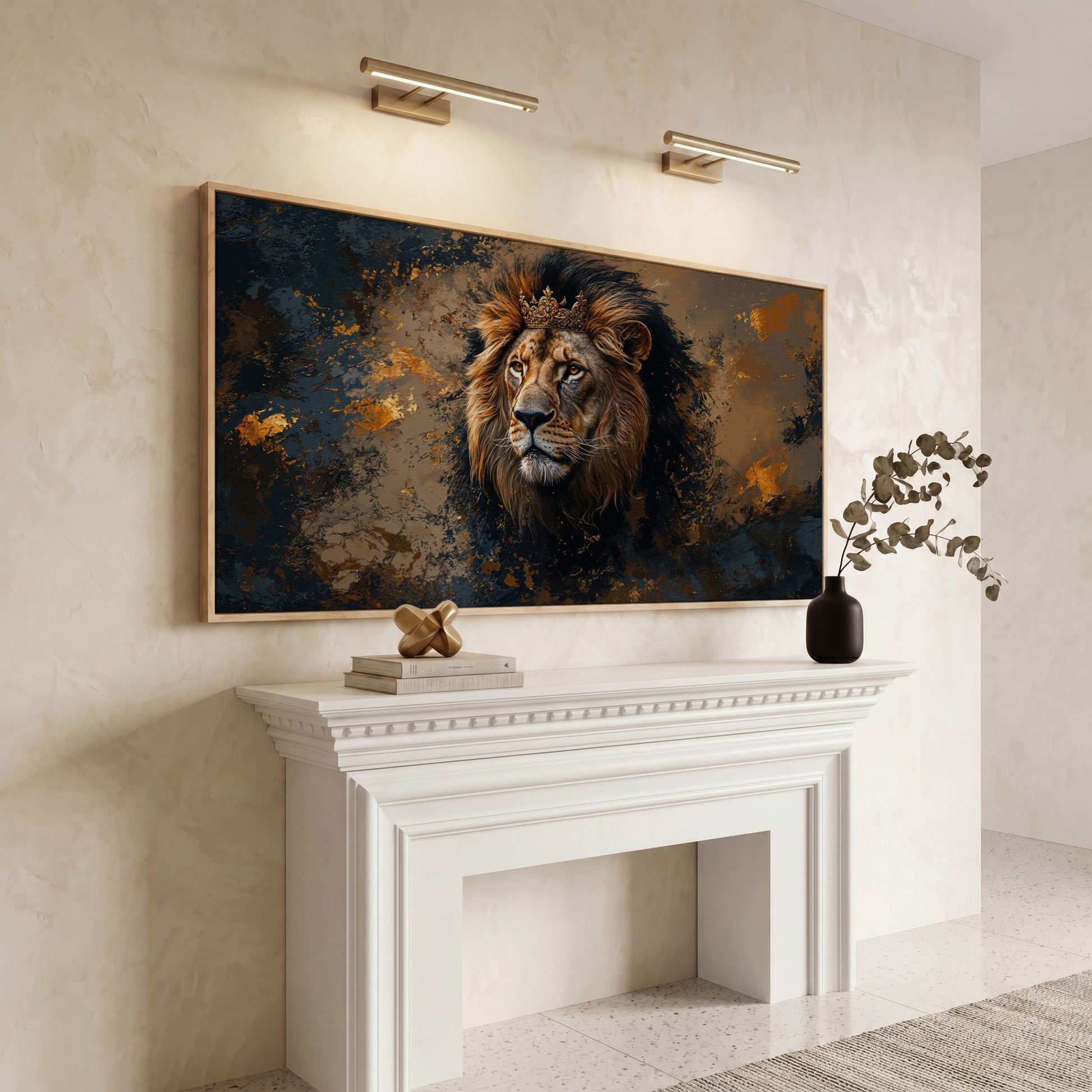 Lion with Ornate Crown Canvas in white oak floating frame