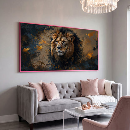 Lion with Ornate Crown Canvas in pink floating frame