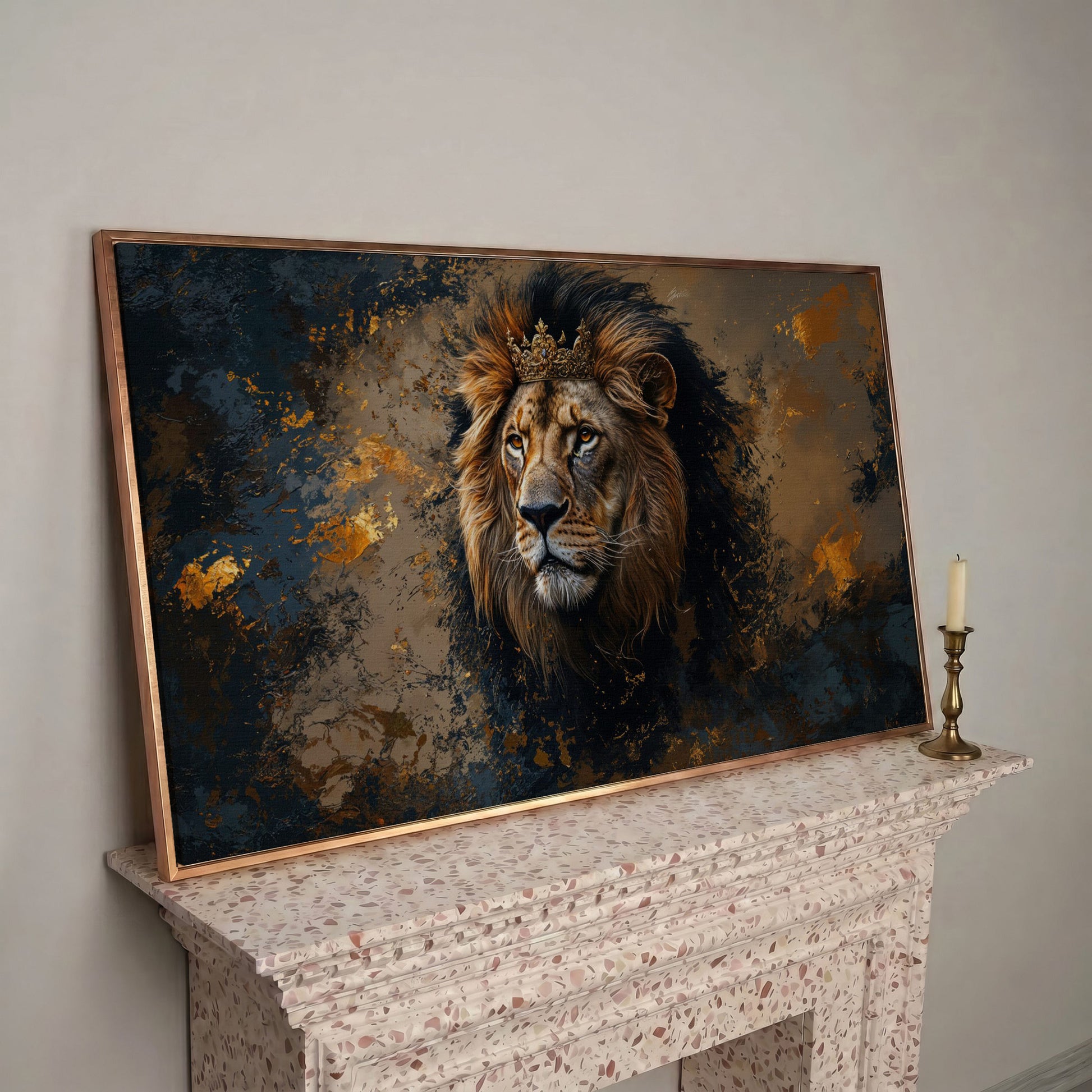 Lion with Ornate Crown Canvas in rose gold floating frame