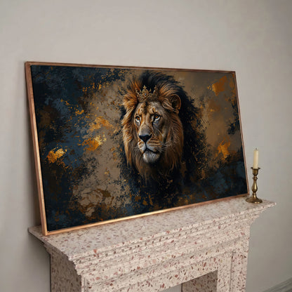 Lion with Ornate Crown Canvas in rose gold floating frame