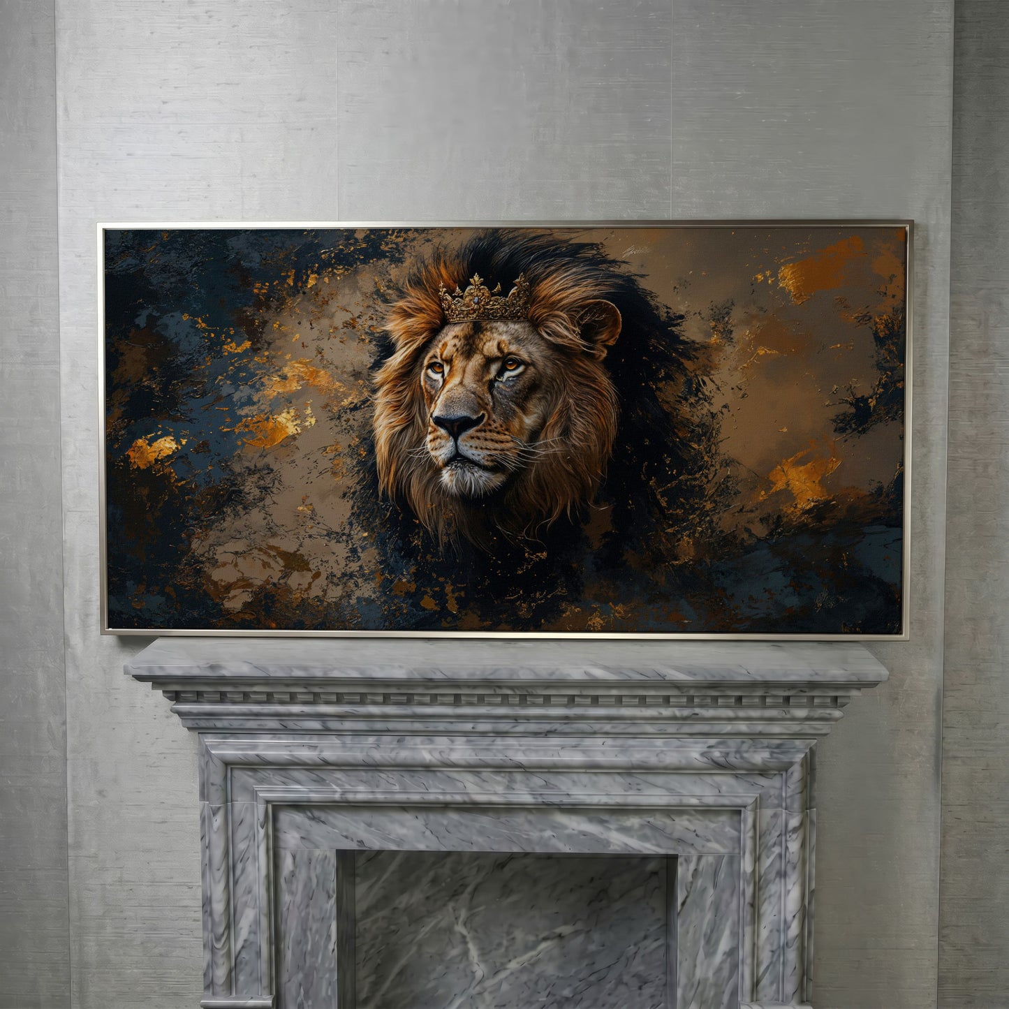 Lion with Ornate Crown Canvas in silver floating frame
