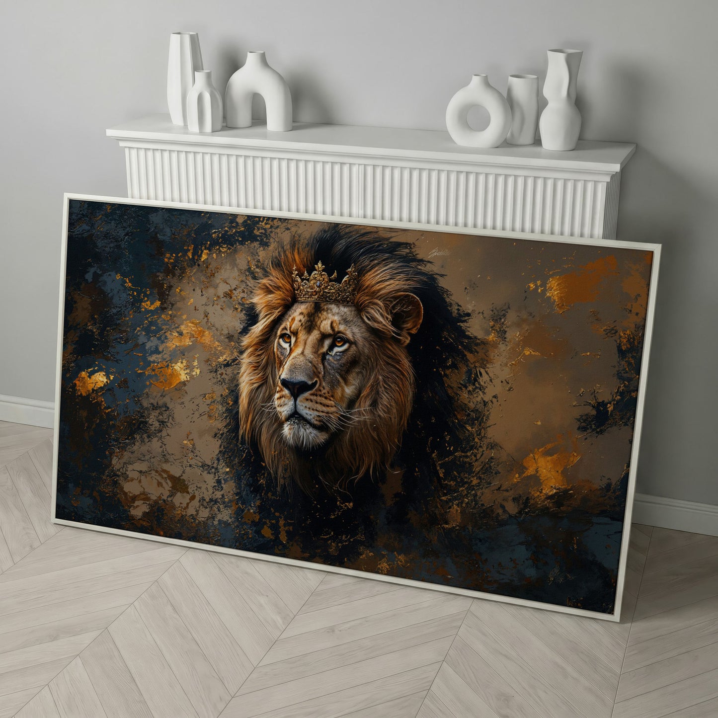 Lion with Ornate Crown Canvas in white floating frame