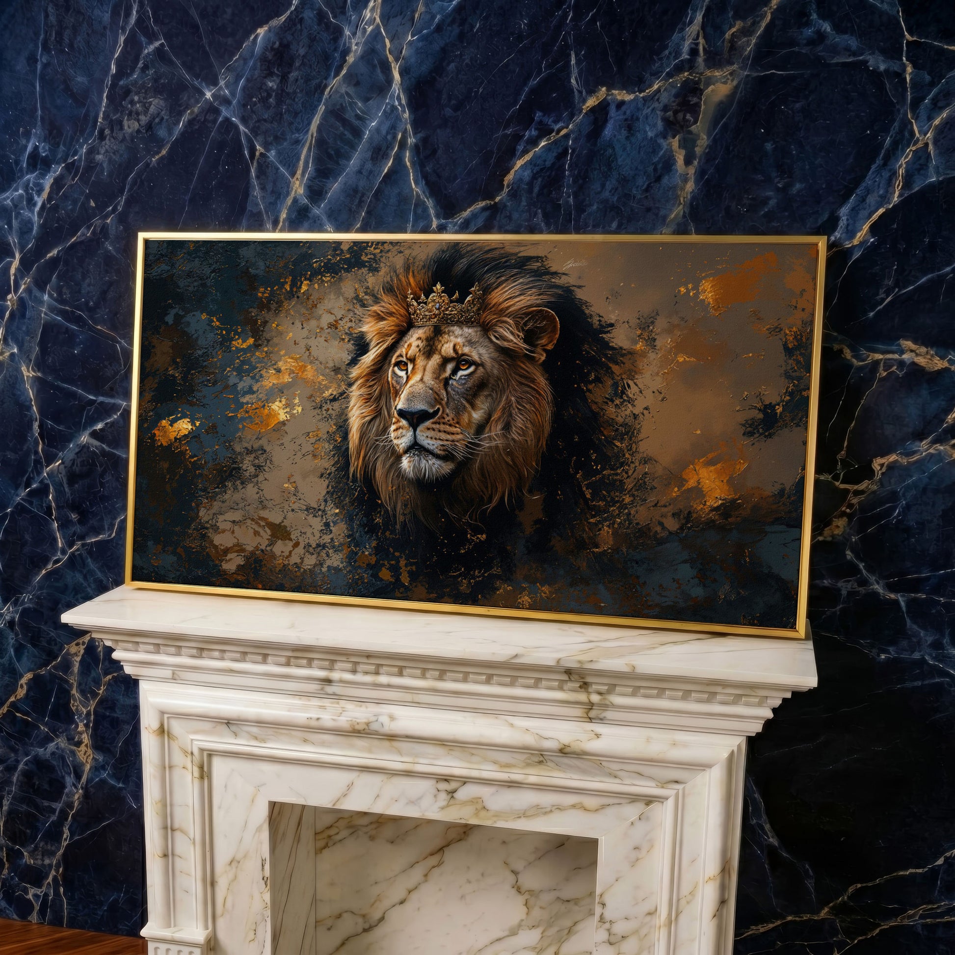 Lion with Ornate Crown Canvas in yellow gold floating frame