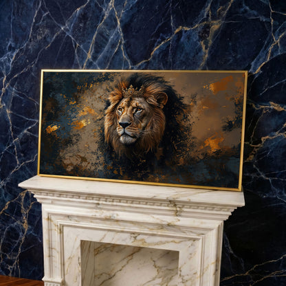 Lion with Ornate Crown Canvas in yellow gold floating frame