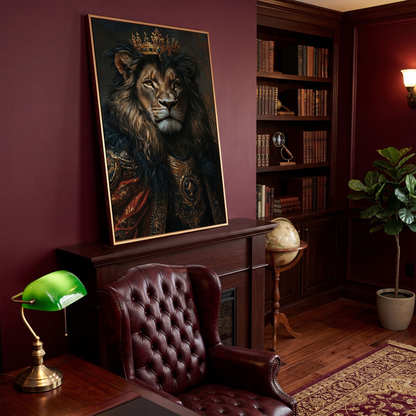 Crowned Lion Portrait Canvas Art, Royal Animal Wall Decor in antique gold floating frame