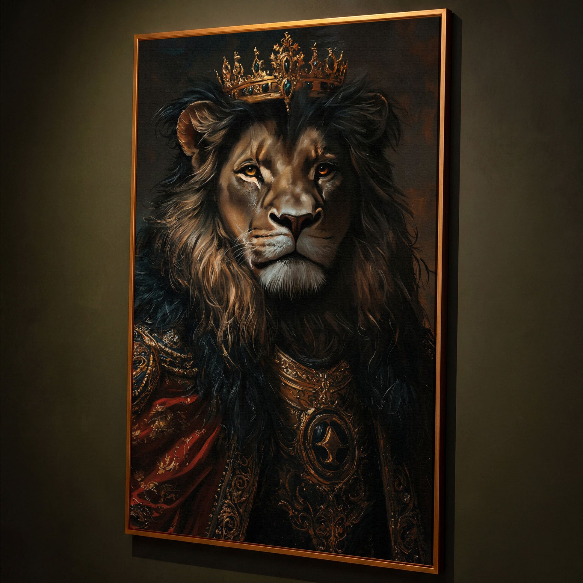 Crowned Lion Portrait Canvas Art, Royal Animal Wall Decor shown in antique gold floating frame
