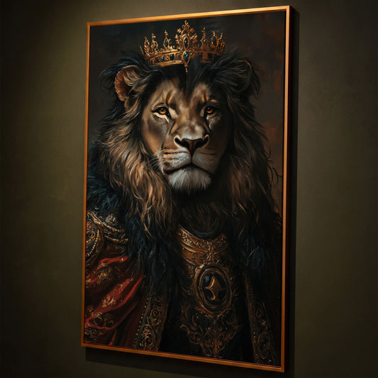 Crowned Lion Portrait Canvas Art, Royal Animal Wall Decor shown in antique gold floating frame