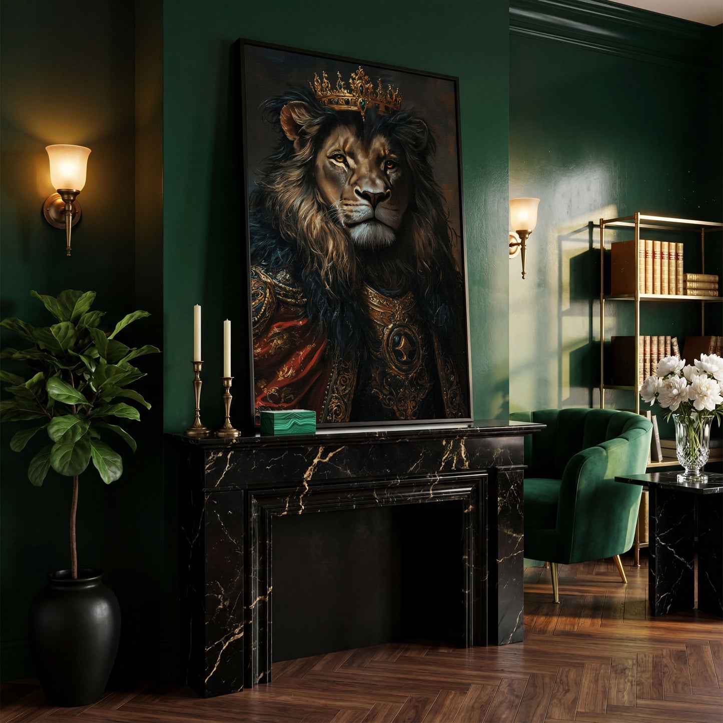 Crowned Lion Portrait Canvas Art, Royal Animal Wall Decor in black floating frame