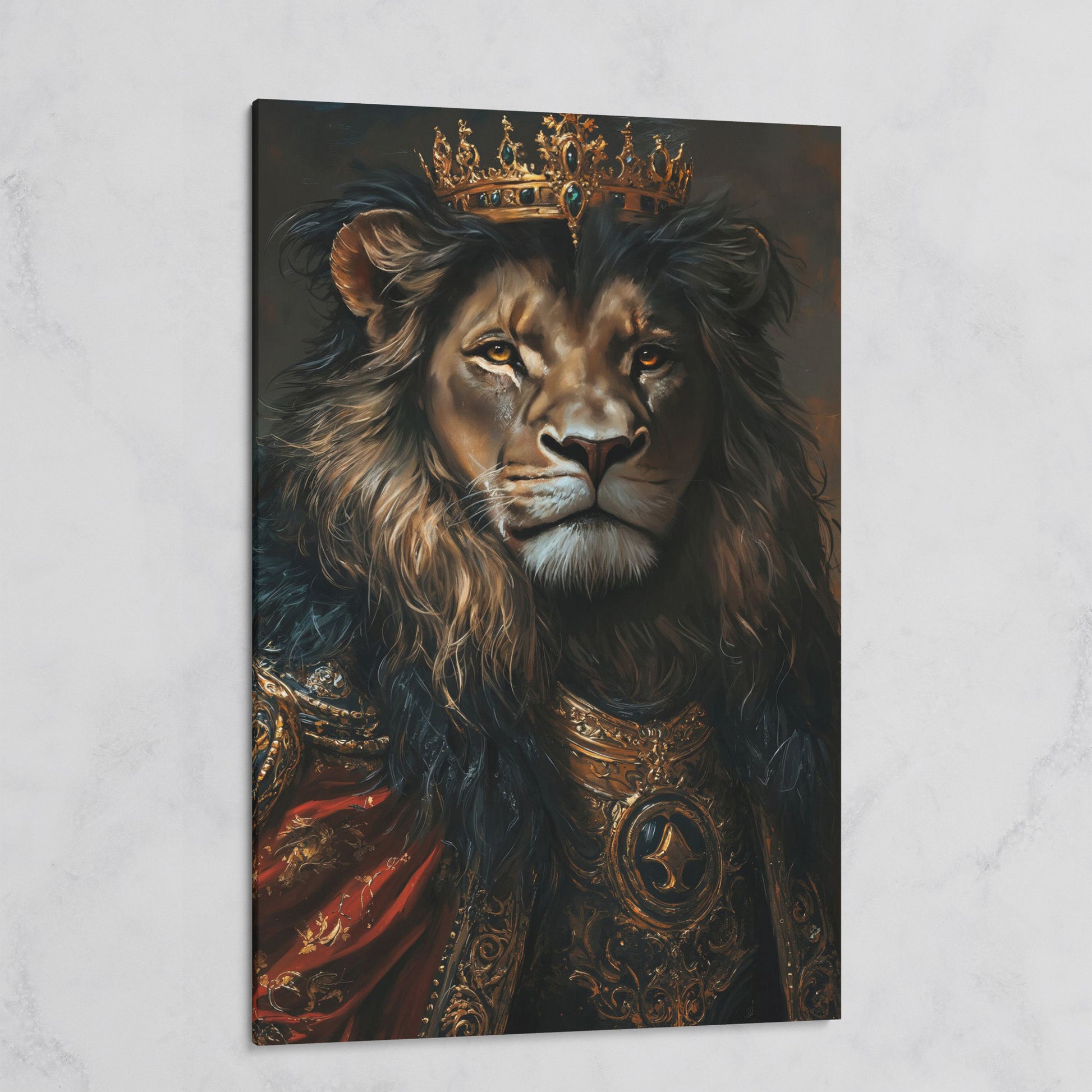 Crowned Lion Portrait Canvas Art, Royal Animal Wall Decor on gallery wrap