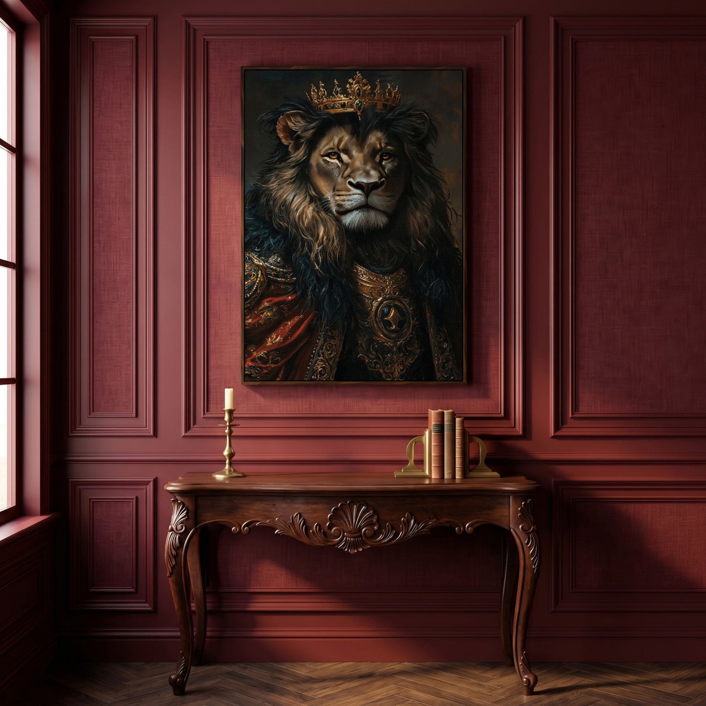 Crowned Lion Portrait Canvas Art, Royal Animal Wall Decor in dark walnut floating frame