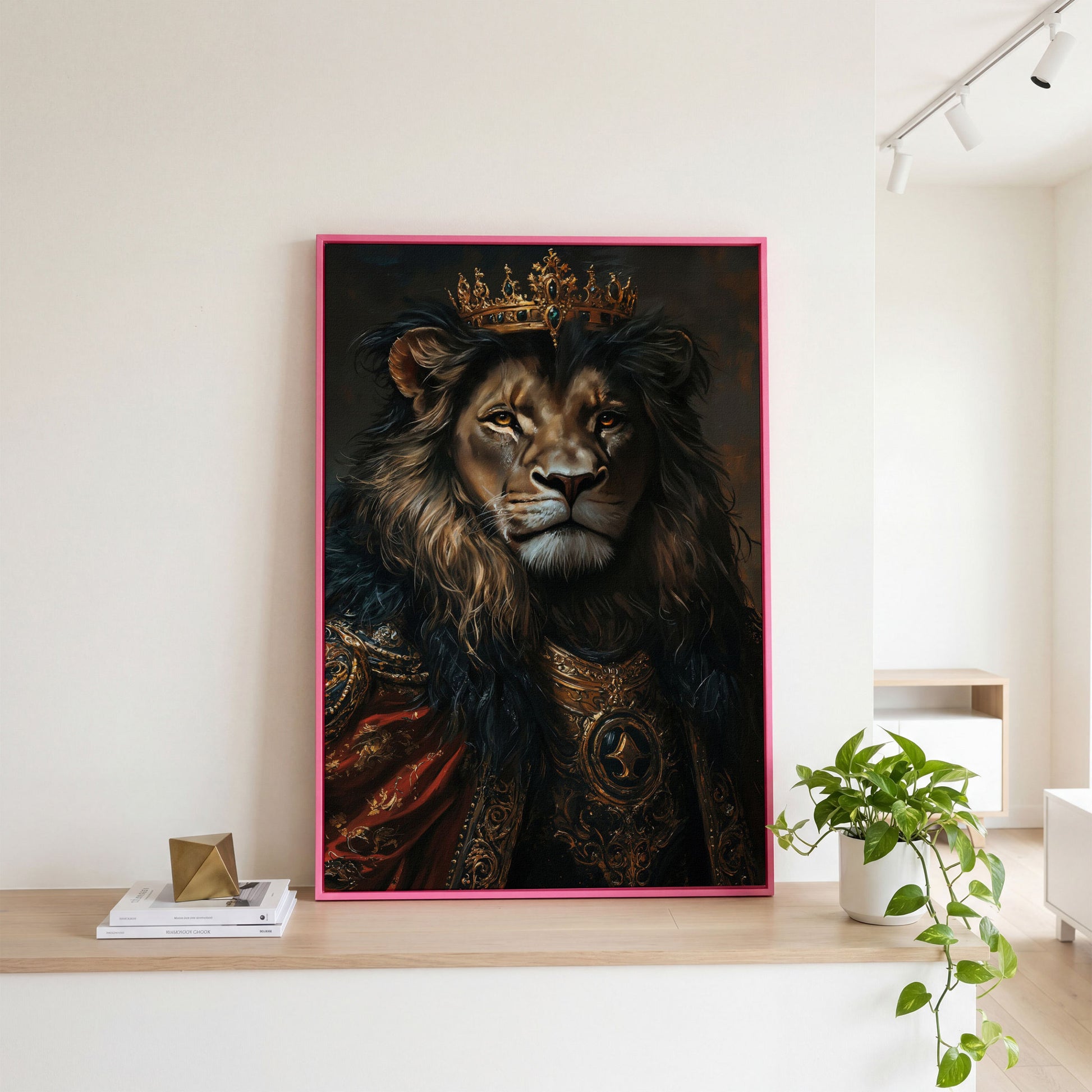 Crowned Lion Portrait Canvas Art, Royal Animal Wall Decor in pink floating frame