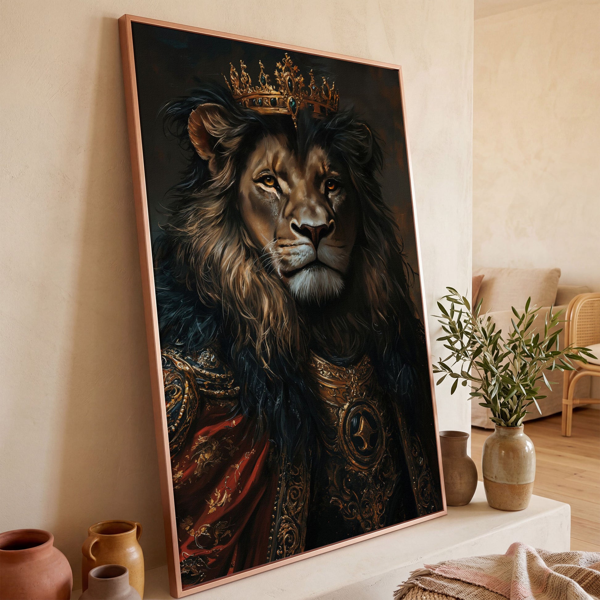 Crowned Lion Portrait Canvas Art, Royal Animal Wall Decor in rose gold floating frame