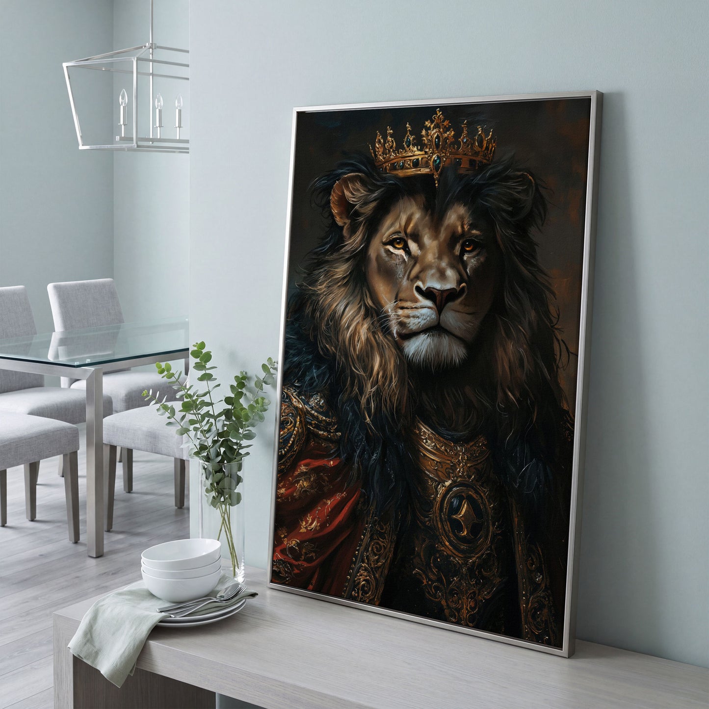 Crowned Lion Portrait Canvas Art, Royal Animal Wall Decor in silver floating frame
