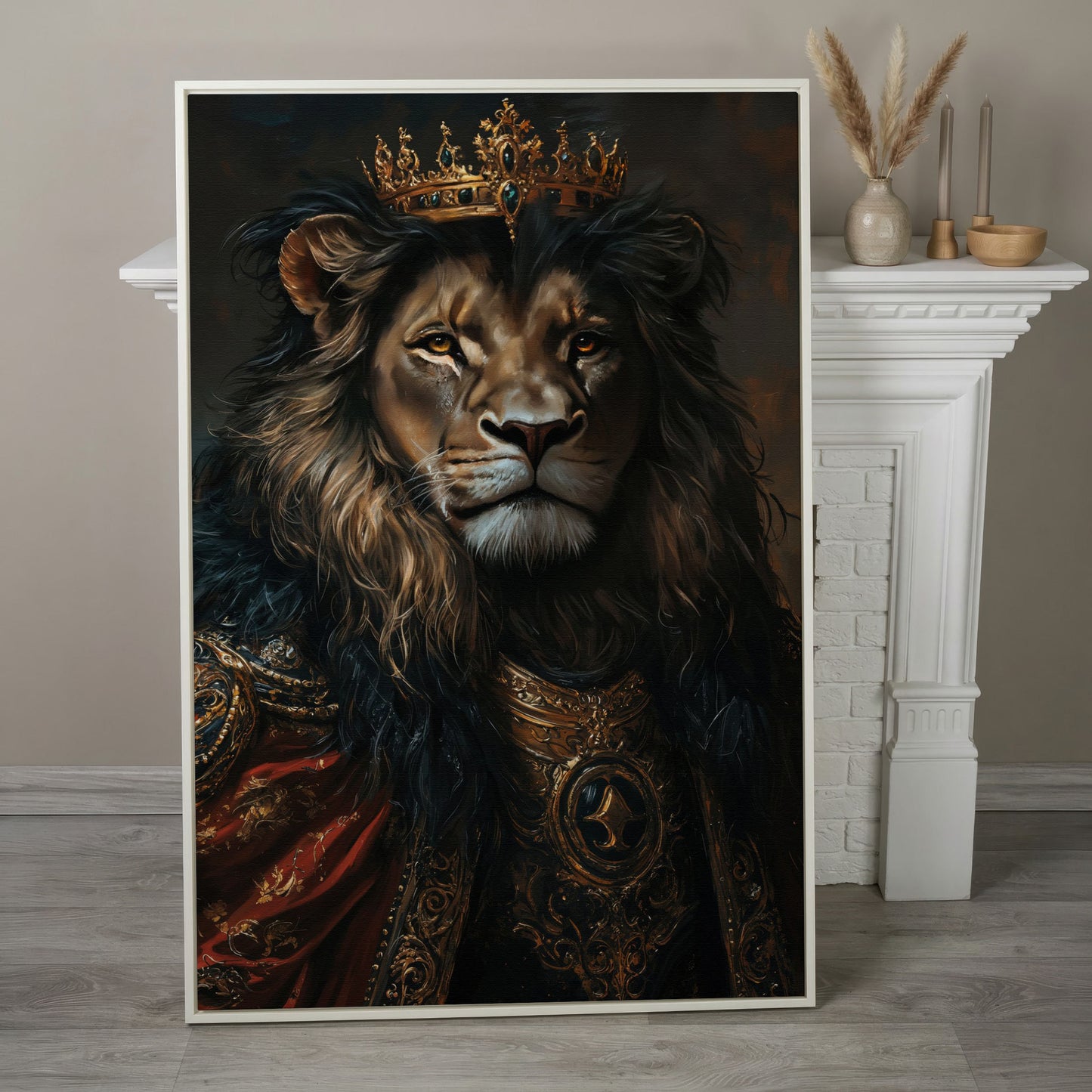 Crowned Lion Portrait Canvas Art, Royal Animal Wall Decor in white floating frame