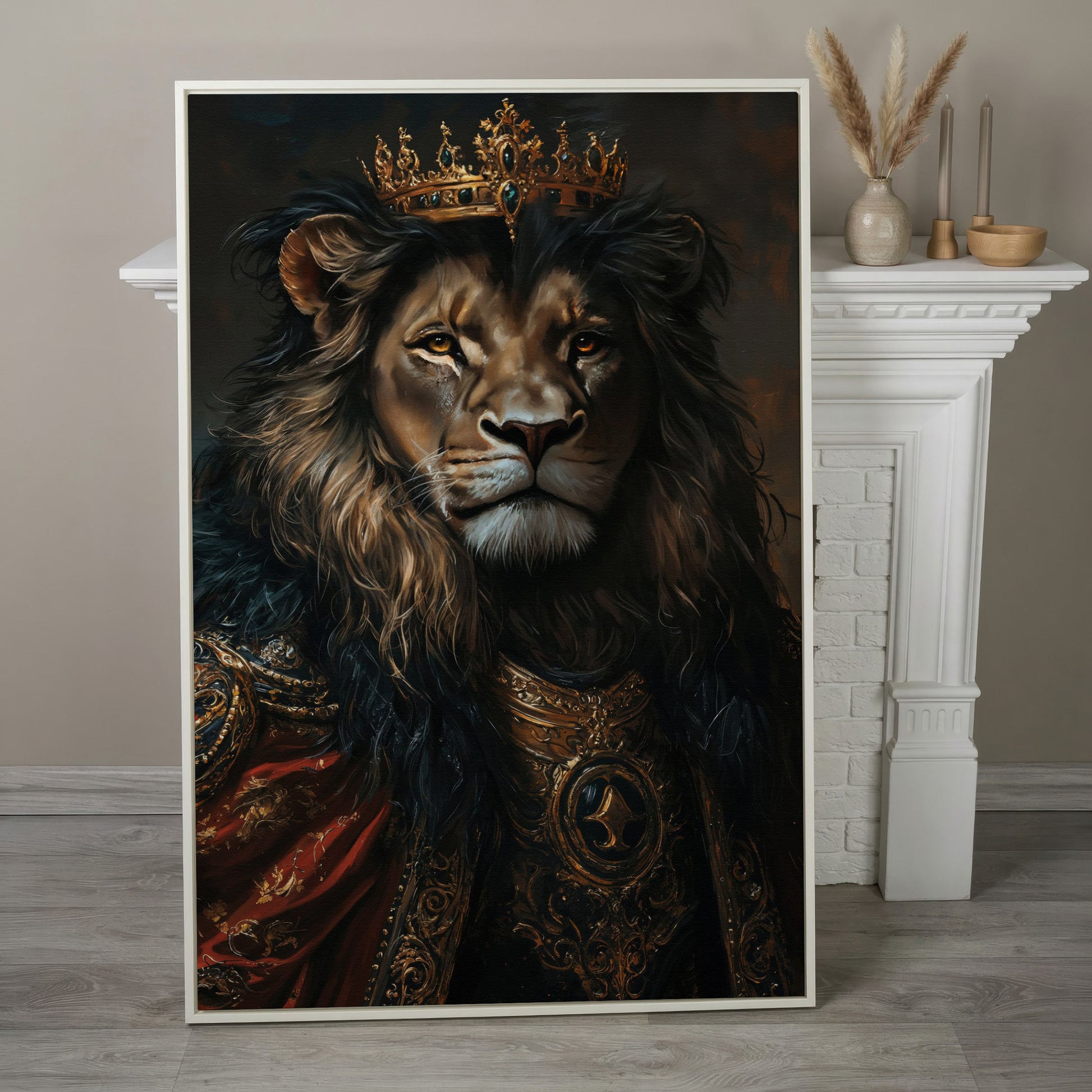 Crowned Lion Portrait Canvas Art, Royal Animal Wall Decor in white floating frame