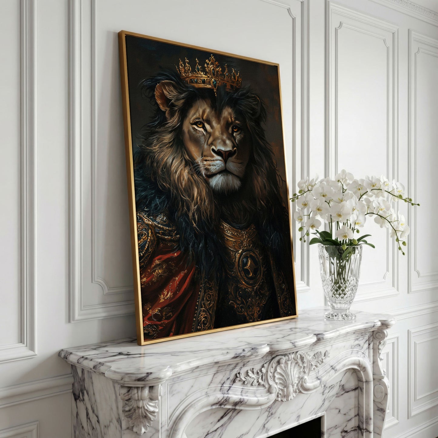 Crowned Lion Portrait Canvas Art, Royal Animal Wall Decor in yellow gold floating frame