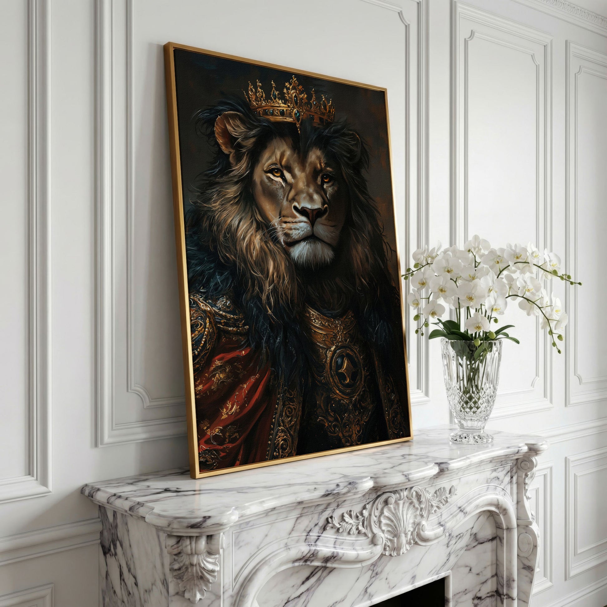 Crowned Lion Portrait Canvas Art, Royal Animal Wall Decor in yellow gold floating frame