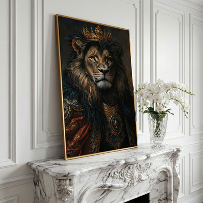 Crowned Lion Portrait Canvas Art, Royal Animal Wall Decor in yellow gold floating frame