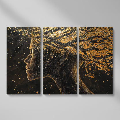 Surreal Woman Portrait with Black and Gold Line Art canvas as 3-panel split version
