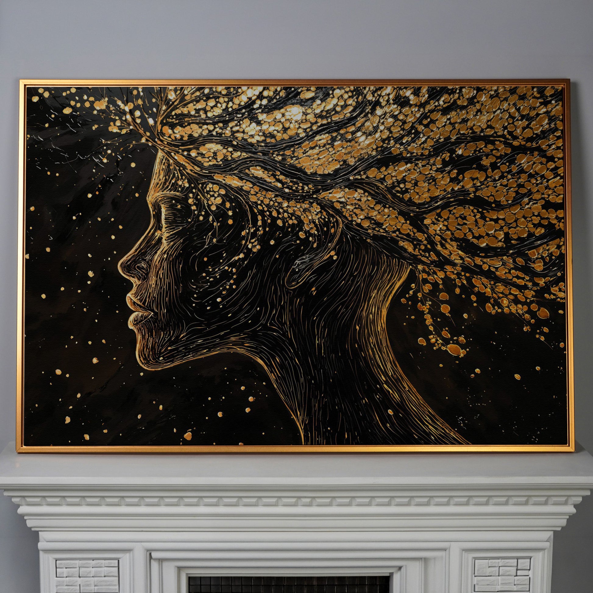 Surreal Woman Portrait with Black and Gold Line Art canvas in antique gold floating frame