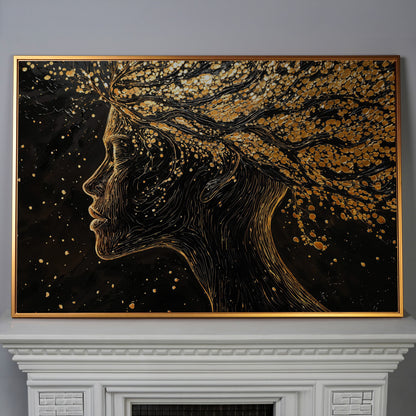Surreal Woman Portrait with Black and Gold Line Art canvas in antique gold floating frame