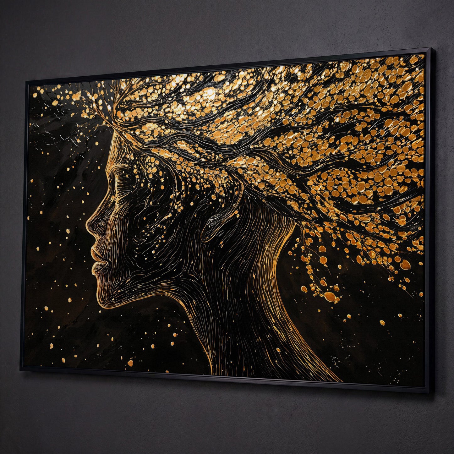 Surreal Woman Portrait with Black and Gold Line Art canvas shown in black floating frame