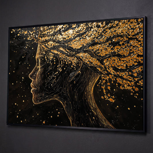 Surreal Woman Portrait with Black and Gold Line Art canvas shown in black floating frame