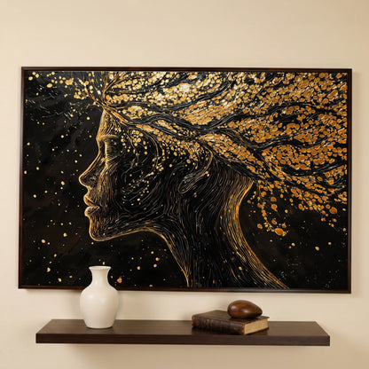 Surreal Woman Portrait with Black and Gold Line Art canvas in dark walnut floating frame