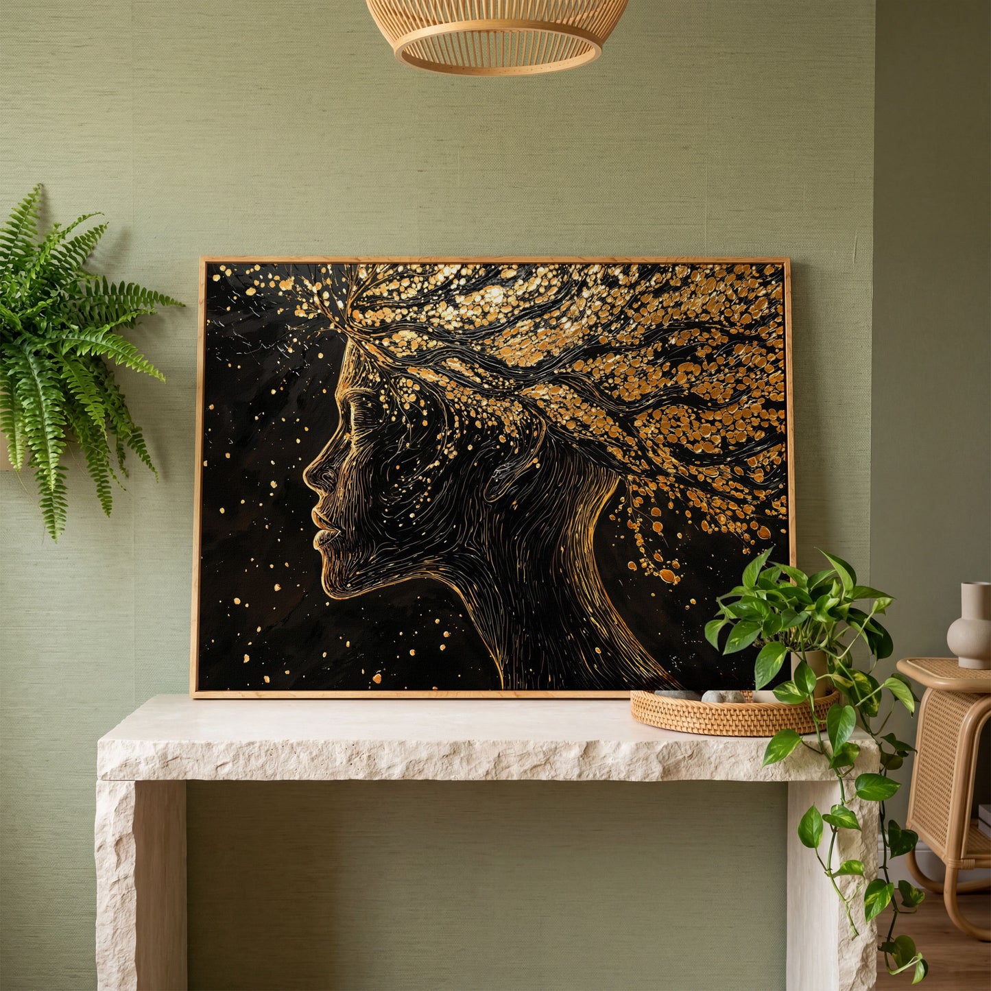 Surreal Woman Portrait with Black and Gold Line Art canvas in white oak floating frame