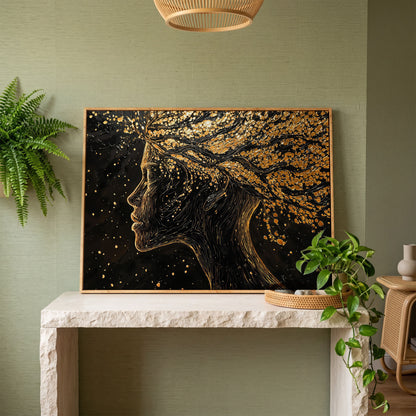 Surreal Woman Portrait with Black and Gold Line Art canvas in white oak floating frame