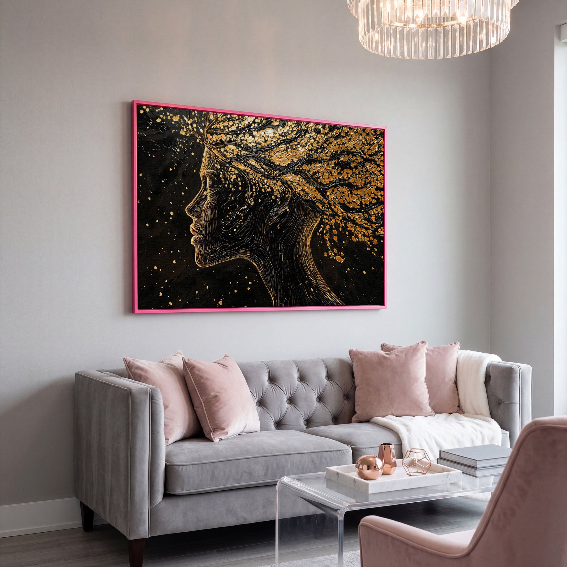 Surreal Woman Portrait with Black and Gold Line Art canvas in pink floating frame