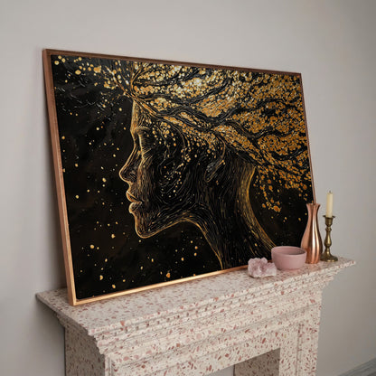 Surreal Woman Portrait with Black and Gold Line Art canvas in rose gold floating frame