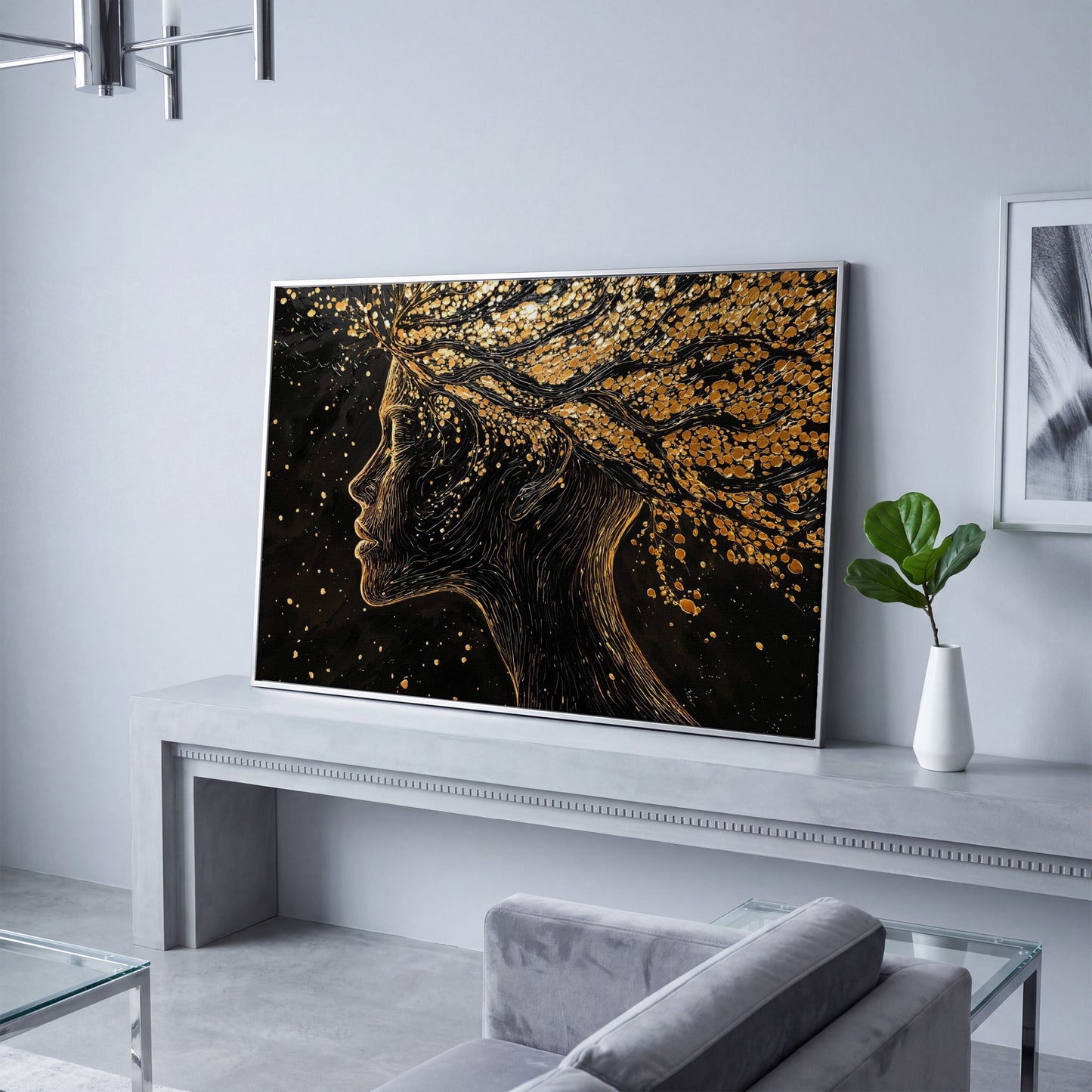 Surreal Woman Portrait with Black and Gold Line Art canvas in silver floating frame