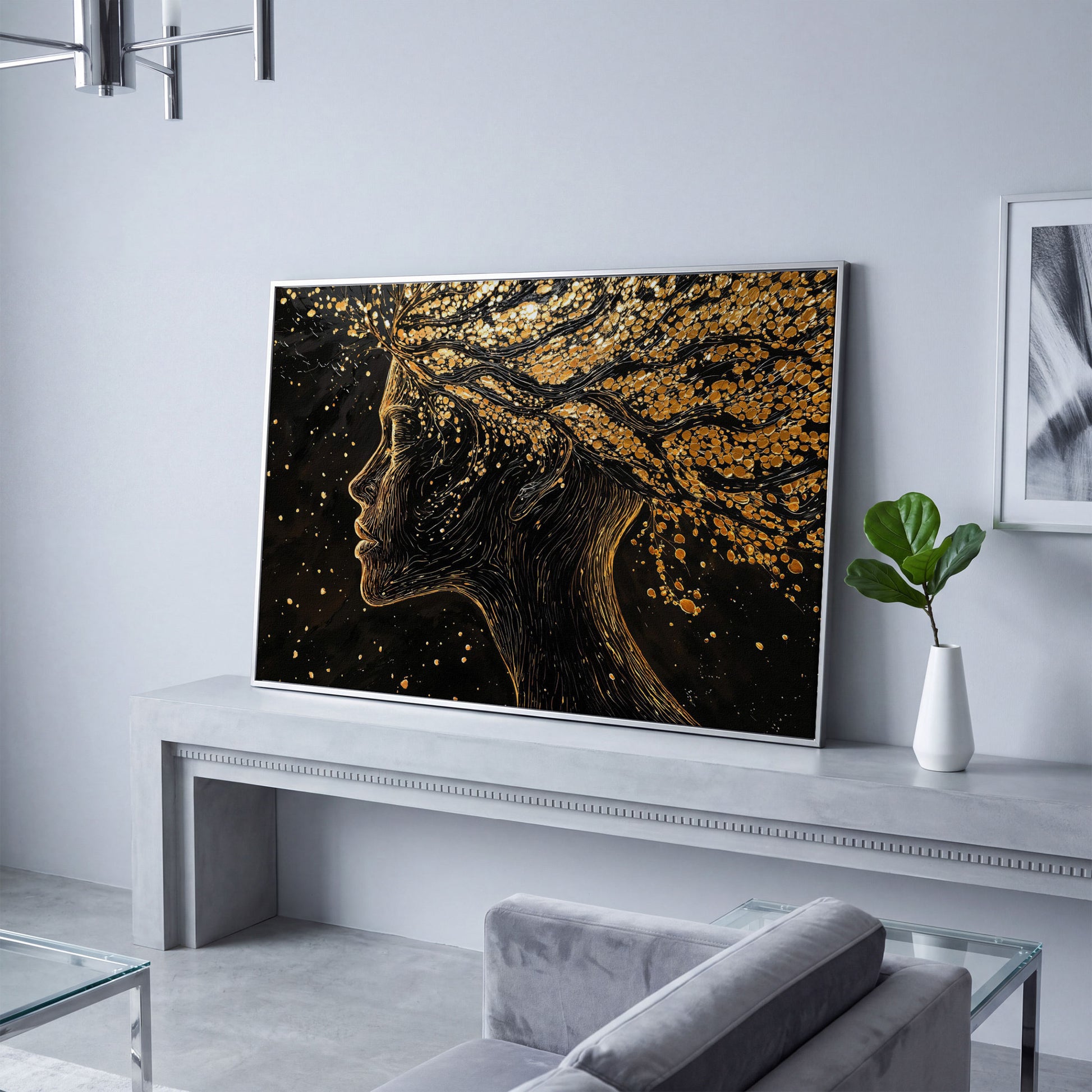 Surreal Woman Portrait with Black and Gold Line Art canvas in silver floating frame