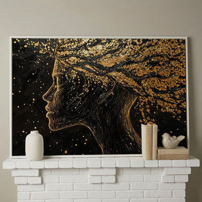 Surreal Woman Portrait with Black and Gold Line Art canvas in white floating frame