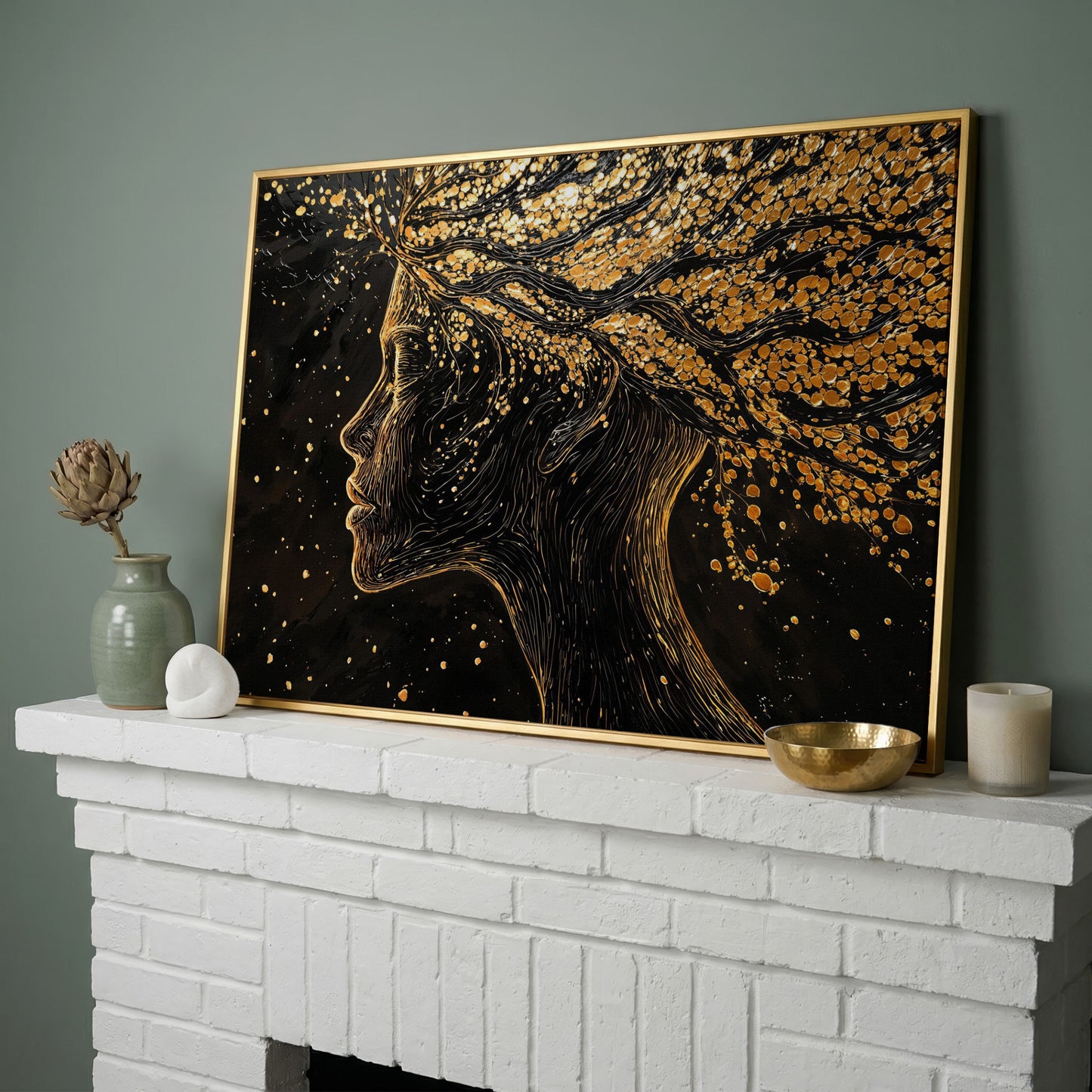Surreal Woman Portrait with Black and Gold Line Art canvas in yellow gold floating frame