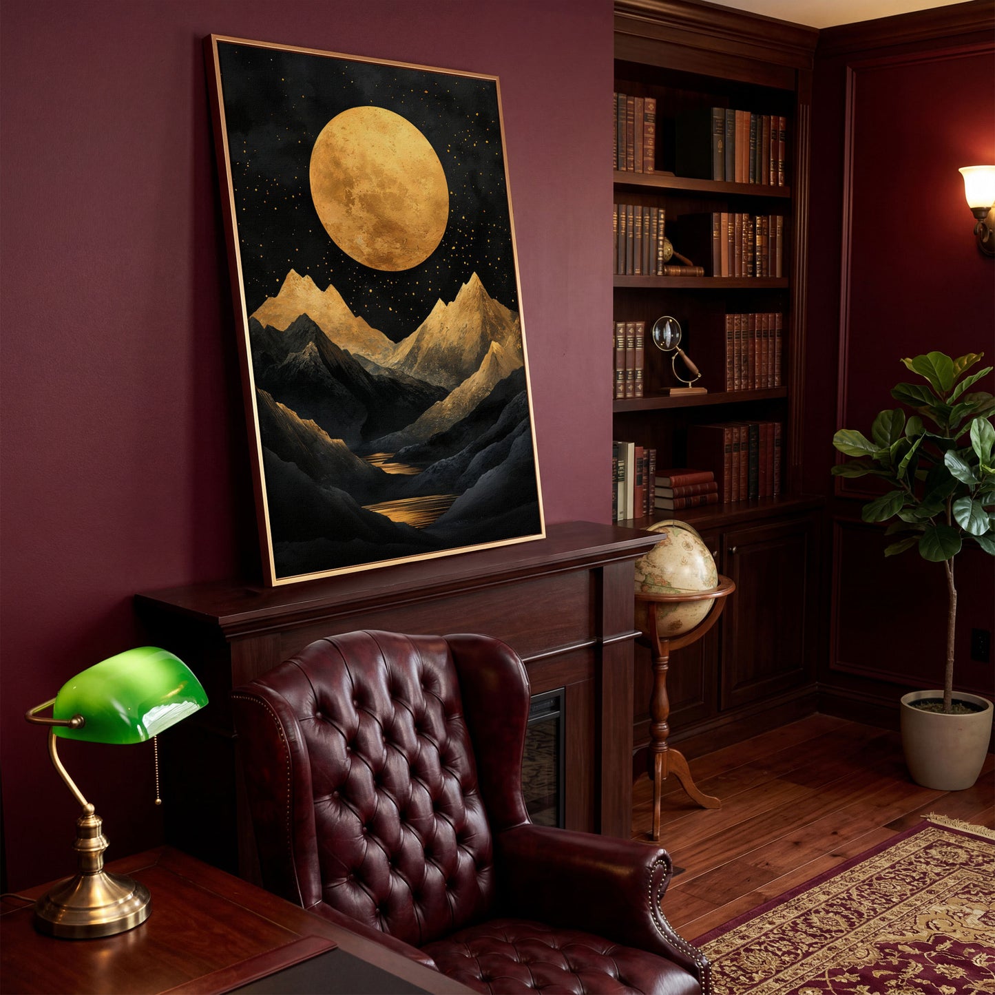 Golden Moon Over Mountains Canvas in antique gold floating frame